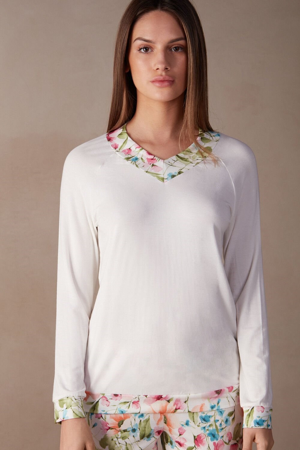 Intimissimi Botanical Lyrics Long Sleeve Modal Top Ivory - 2127 - Talc White | 1938TAKZU