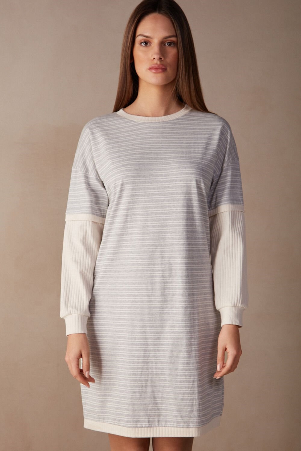 Intimissimi Casual Sunday Long Sleeve Nightshirt White - 224j - Heather Gray / Vanilla Beige Stripe | 5790MKXAN