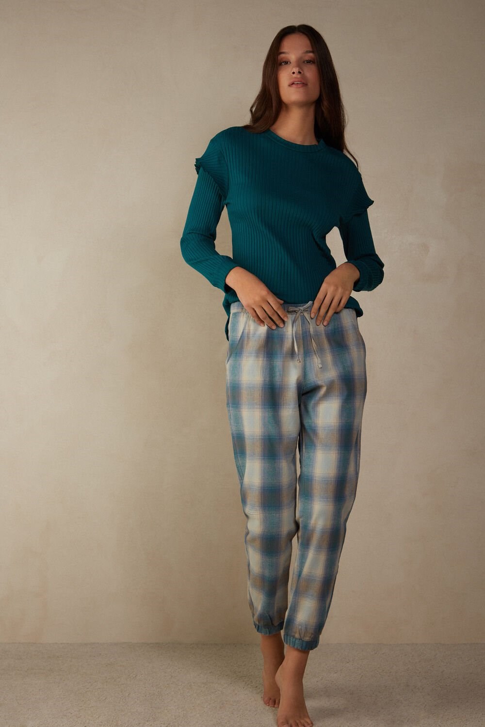 Intimissimi Cozy Mountains Brushed Cloth Pants with Cuffs Green - 148j - Evergreen / Blue Nile Check Print | 5478SRJUN