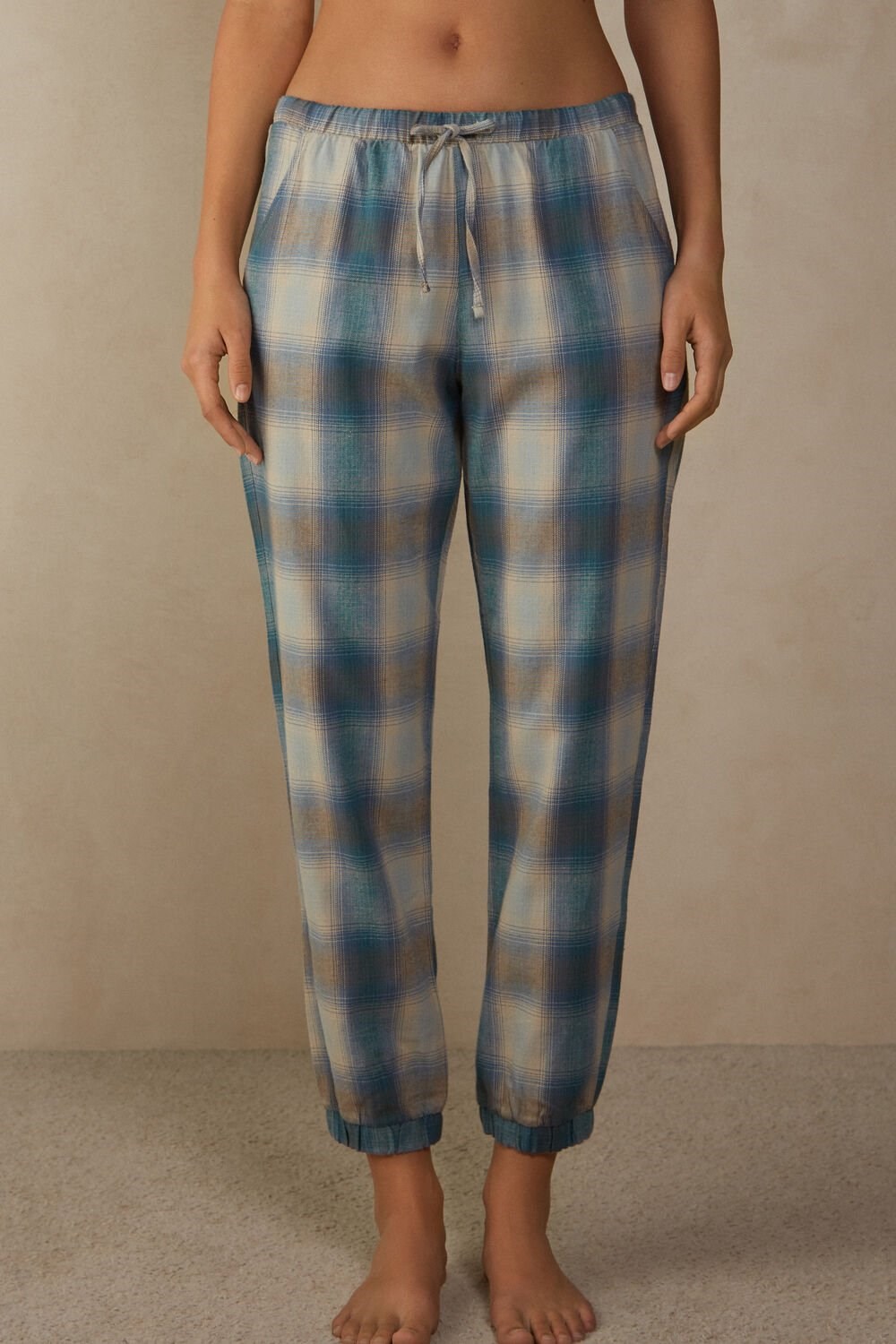 Intimissimi Cozy Mountains Brushed Cloth Pants with Cuffs Green - 148j - Evergreen / Blue Nile Check Print | 5478SRJUN