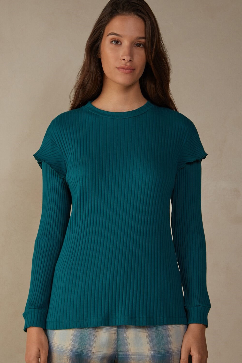 Intimissimi Cozy Mountains Long Sleeve Ribbed Top Green - 4572 - Evergreen | 3128YNRKL