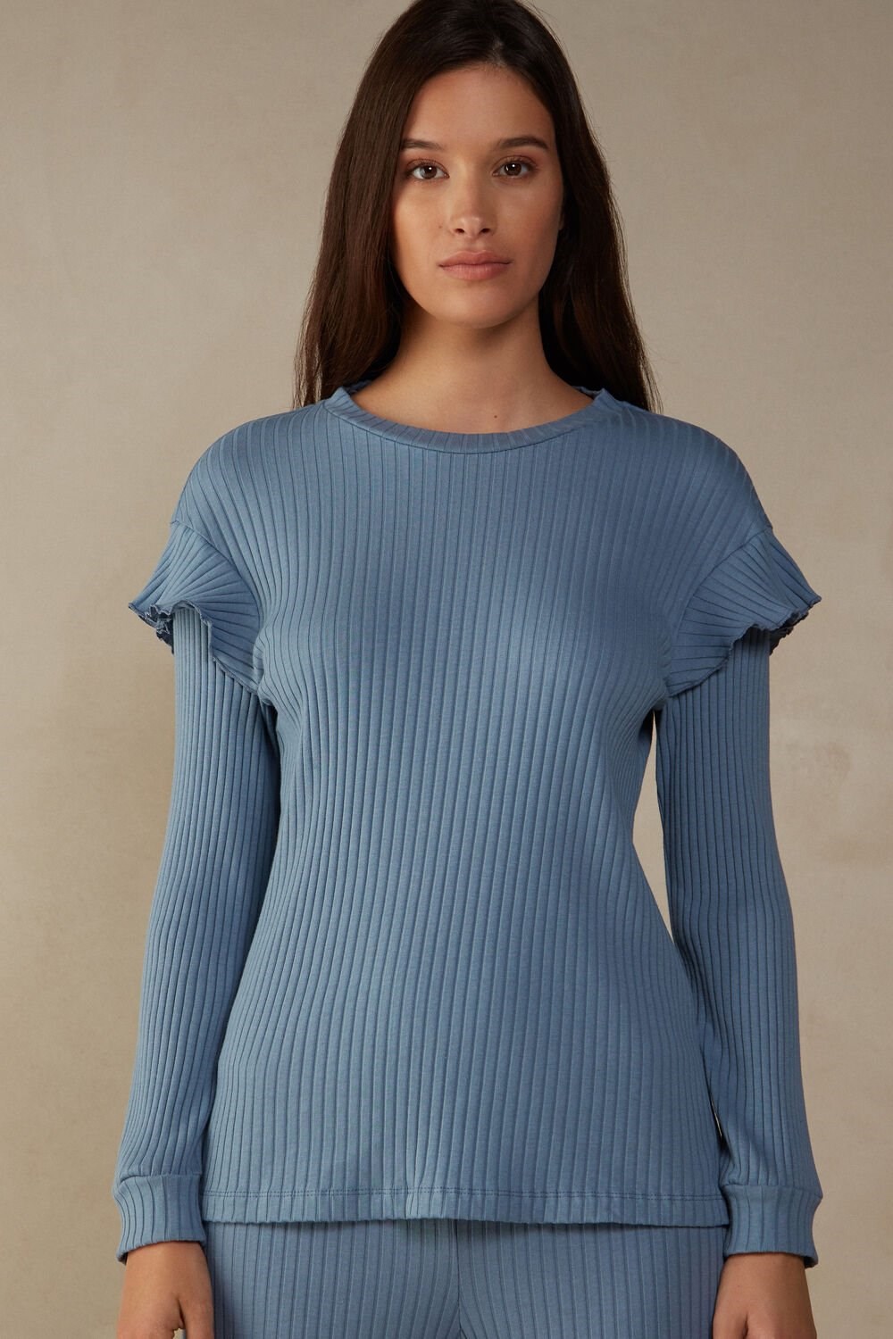 Intimissimi Cozy Mountains Long Sleeve Ribbed Top Blue - 5503 - Bianco | 6480EQXVD