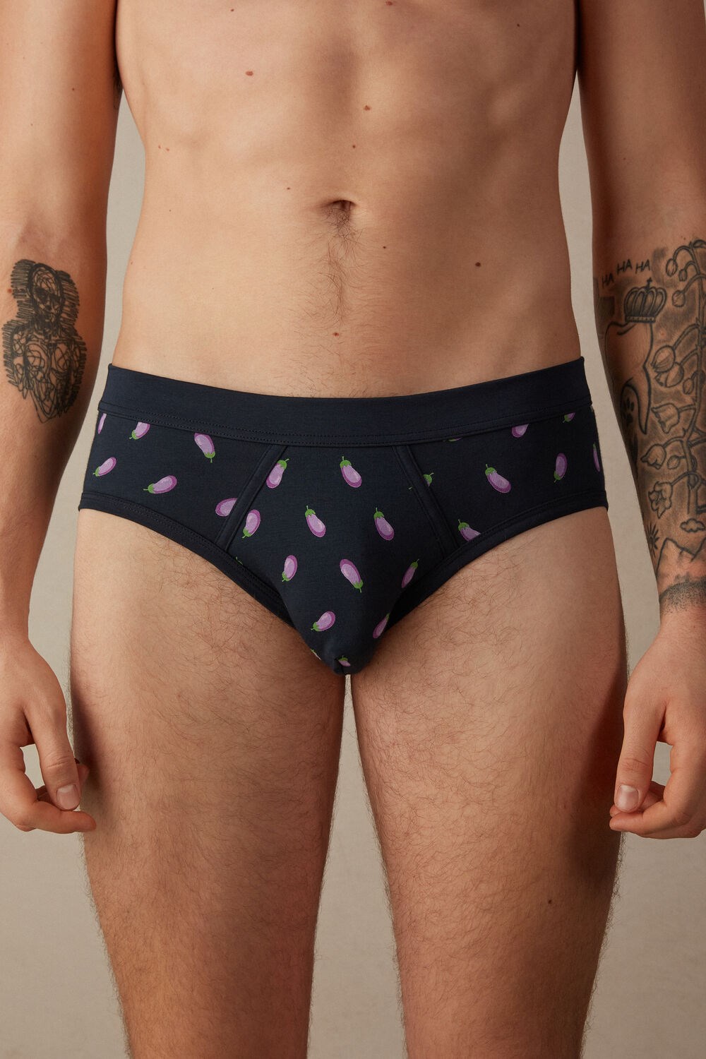 Intimissimi Eggplant Briefs in Stretch Supima® Cotton Blue - 181j - Midnight Blue Eggplant Print | 7902EXZLN