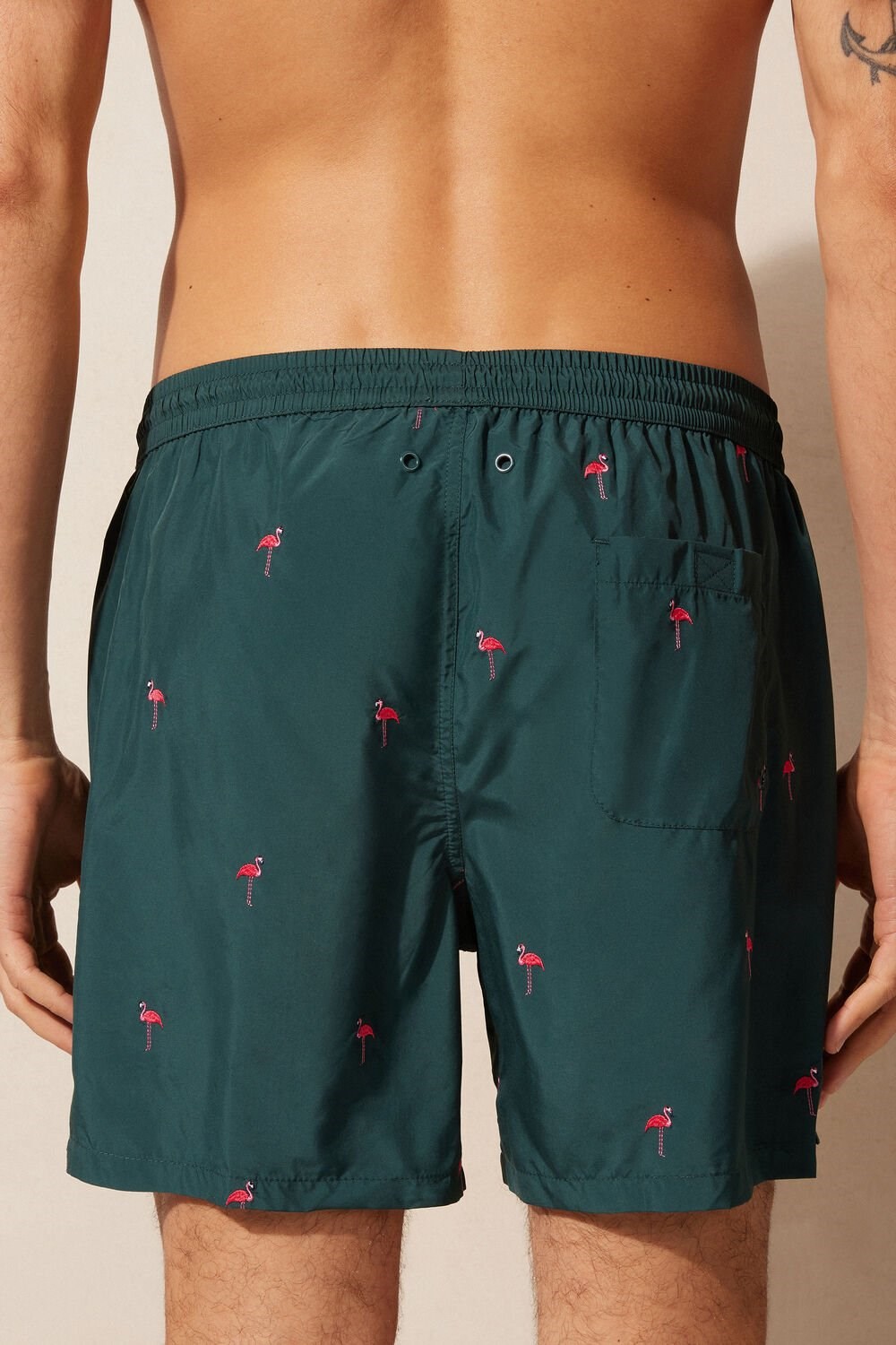 Intimissimi Embroidered Flamingo Swim Trunks Green - 254j - Dark Green Flamingo Embroidery | 0137NFDOX