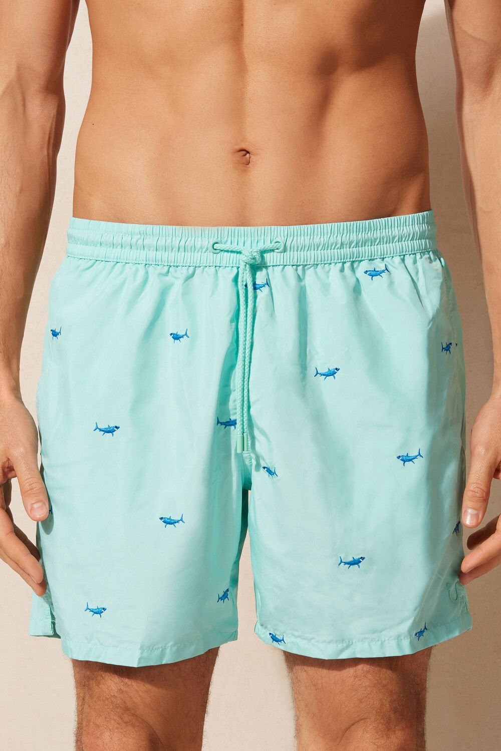 Intimissimi Embroidered Shark Swim Trunks Print - 256j - Aqua Green Shark Embroidery | 4673LMJEB