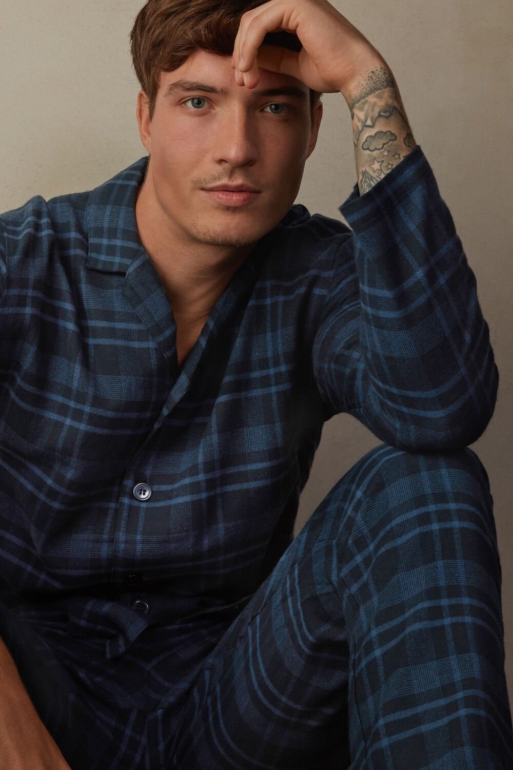 Intimissimi Full Length Pajamas in Brushed Blue Check Patterned Cloth Blue - 102j - Denim Blue Check Print | 6870EXZPA