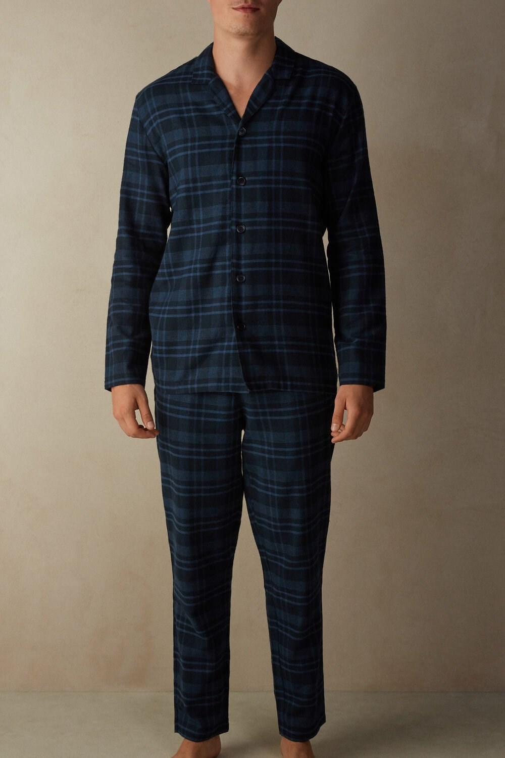 Intimissimi Full Length Pajamas in Brushed Blue Check Patterned Cloth Blue - 102j - Denim Blue Check Print | 6870EXZPA