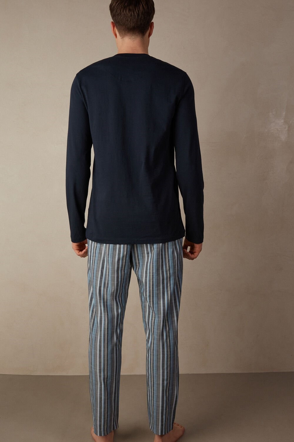 Intimissimi Full Length Pajamas in Striped Cotton Blue - 800 - Midnight Blue | 8214GVBHE