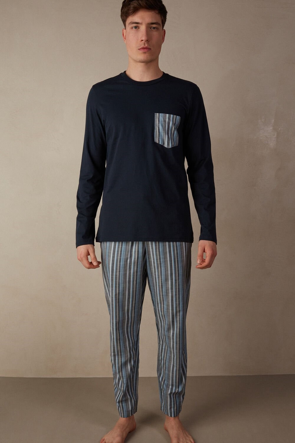 Intimissimi Full Length Pajamas in Striped Cotton Blue - 800 - Midnight Blue | 8214GVBHE