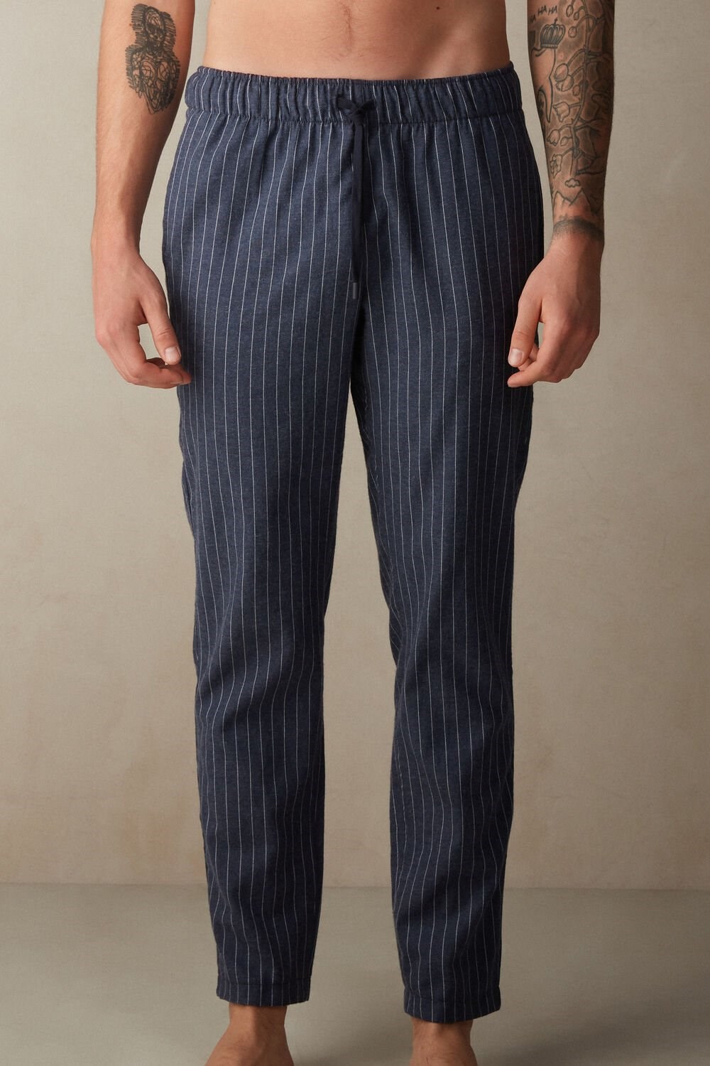 Intimissimi Full Length Pants in Denim Pinstripe Patterned Brushed Cloth Blue - 091j - Denim Blue Heather Pinstripe | 8763BWIJL