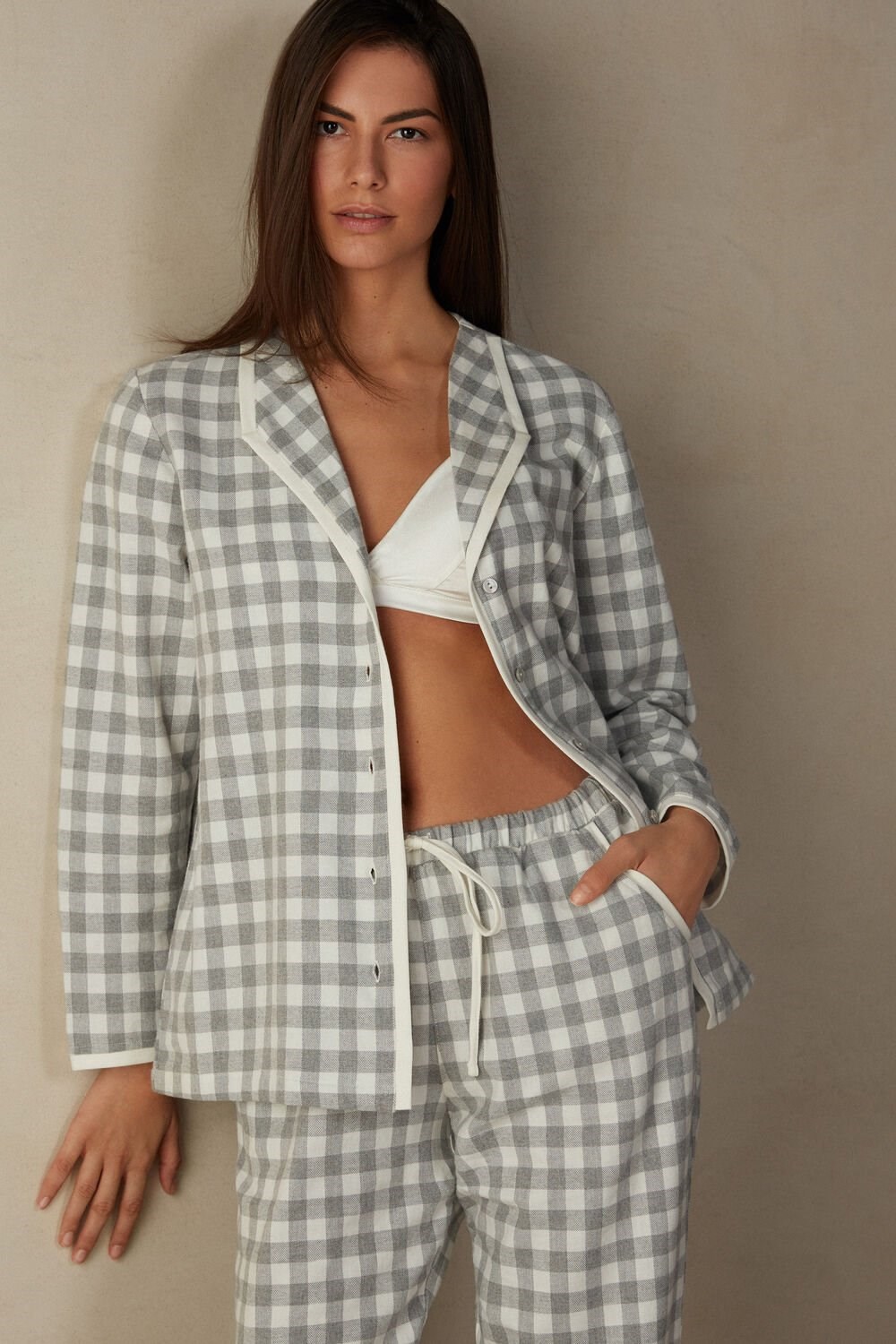 Intimissimi Gingham Lover Shirt in Brushed Cloth White - 896i - Heathered Grey Square / Talc | 1548XFHAR