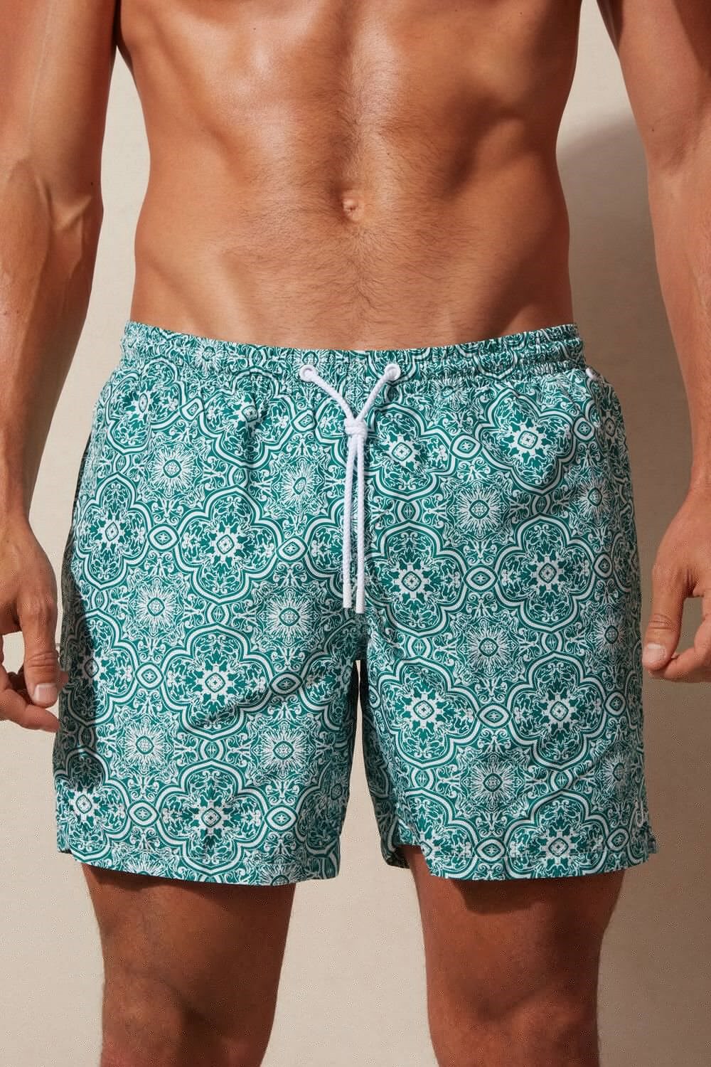 Intimissimi Green Majolica Print Swim Trunks Blue - 264j - White Green Majolica Print | 3650ZCIQM