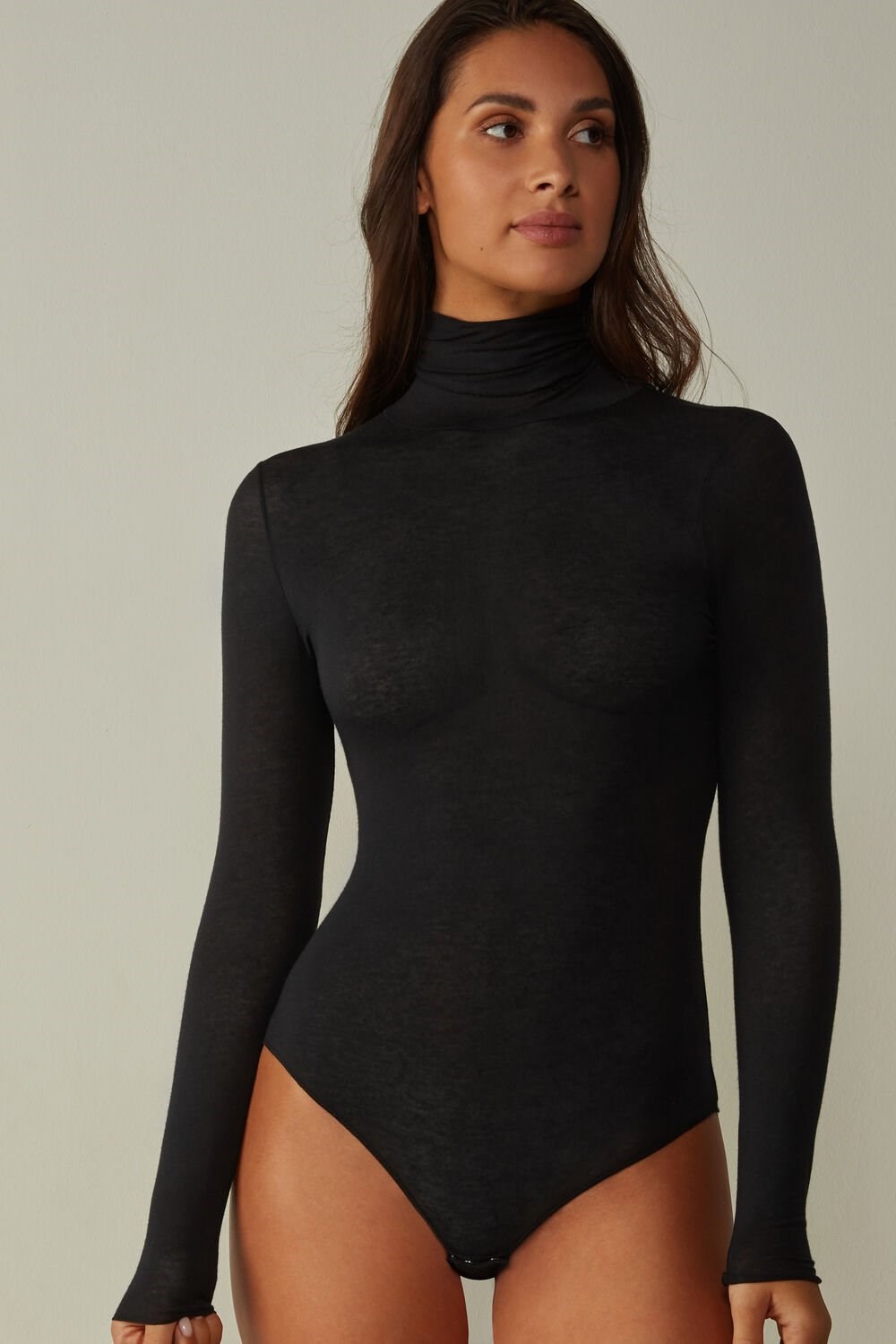 Intimissimi High Collar Bodysuit in Modal Ultralight with Cashmere Black - 019 - Black | 6389LAXOT