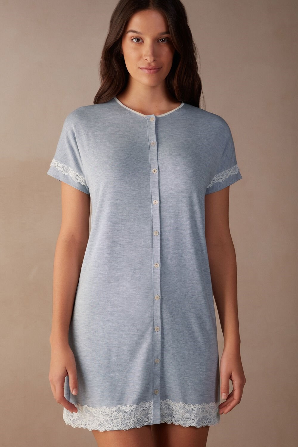 Intimissimi Lace Trim Button Up Nightgown Light Blue - 009j - Heathered Light Blue | 0457ODFSB