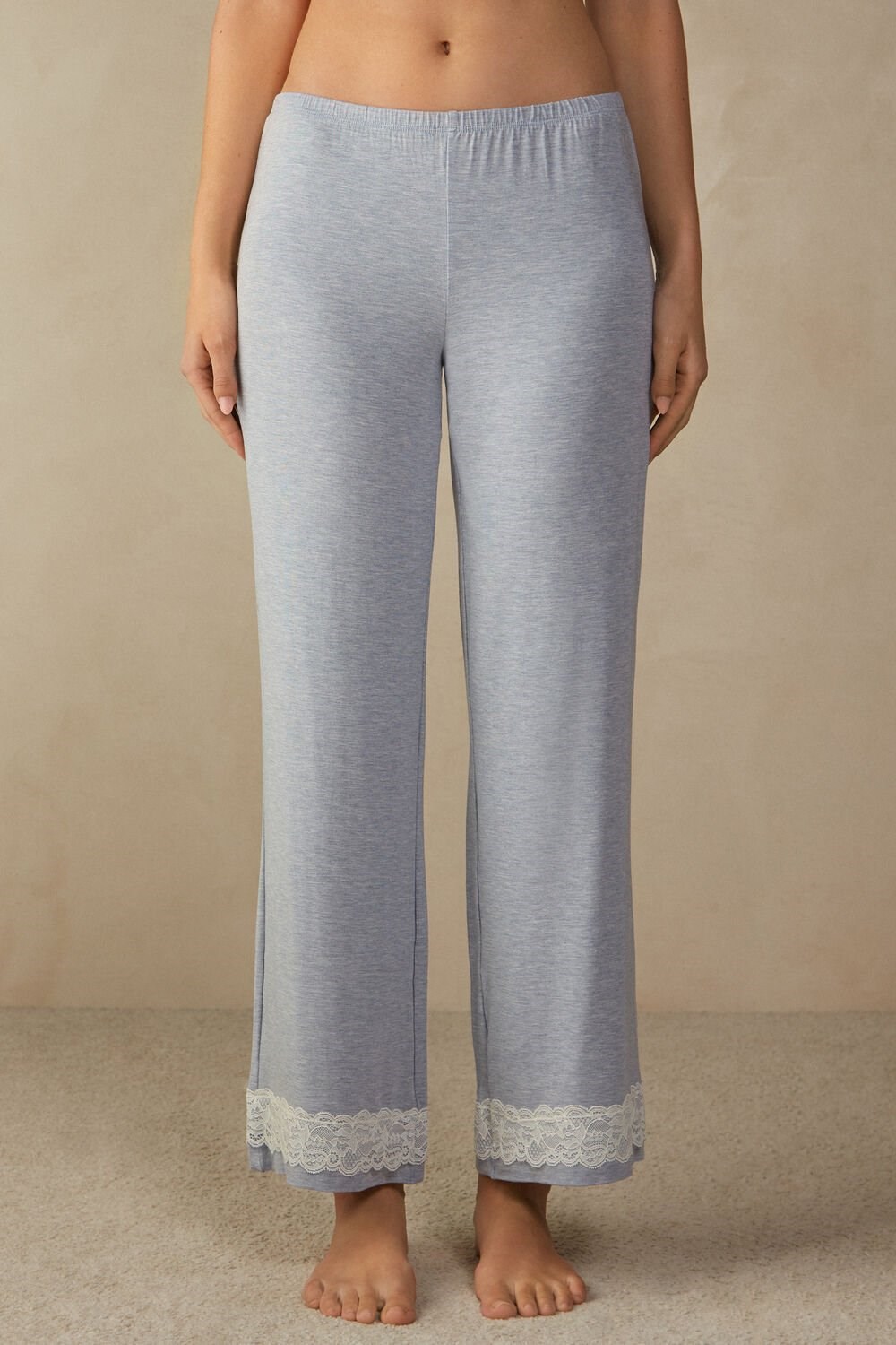 Intimissimi Lace Trim Full Length Pants in Modal Light Blue - 009j - Heathered Light Blue | 2906RGDBW