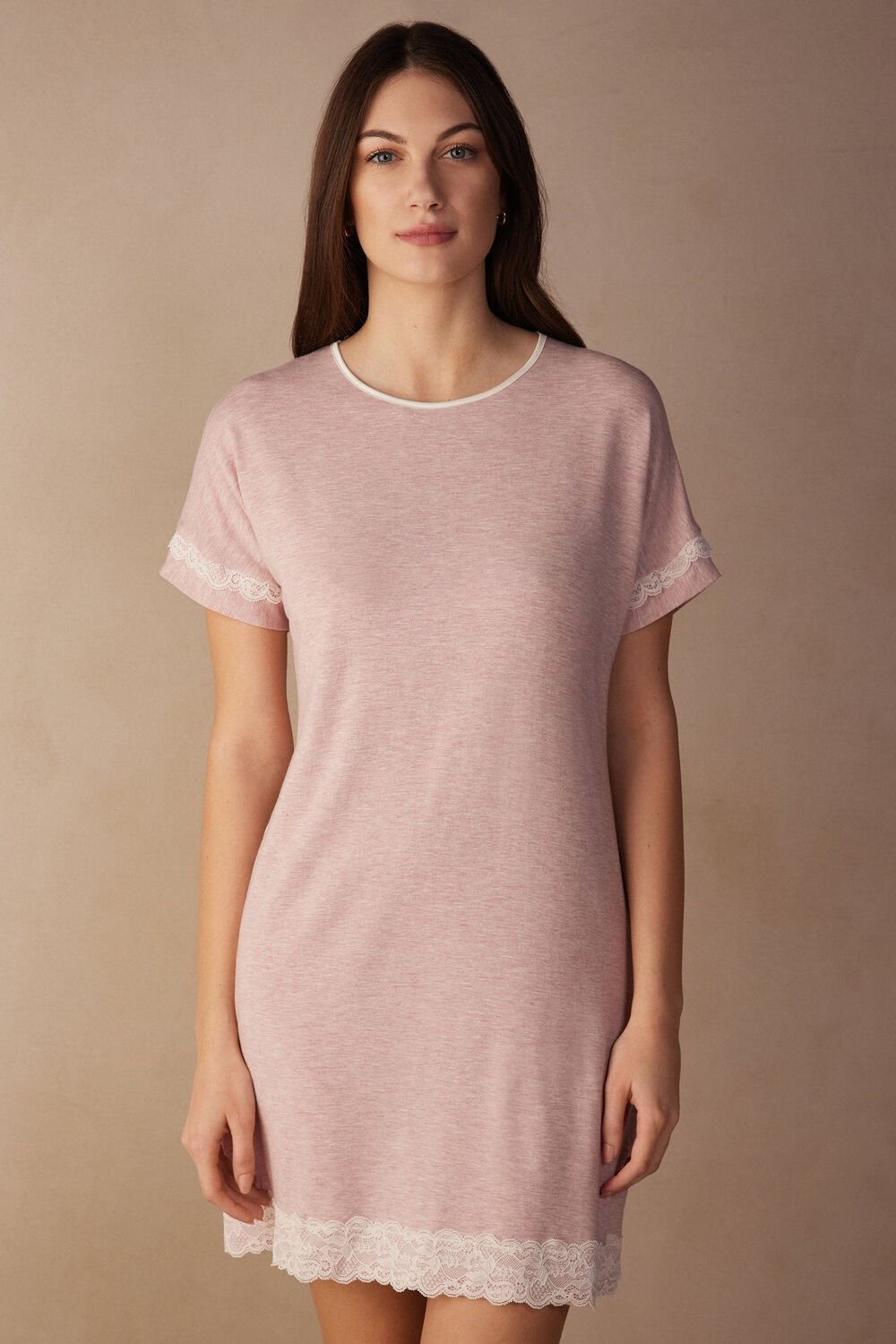 Intimissimi Lace Trim Short Sleeve Nightgown Pale Pink - 008j - Heathered Light Pink | 0278FMBRT