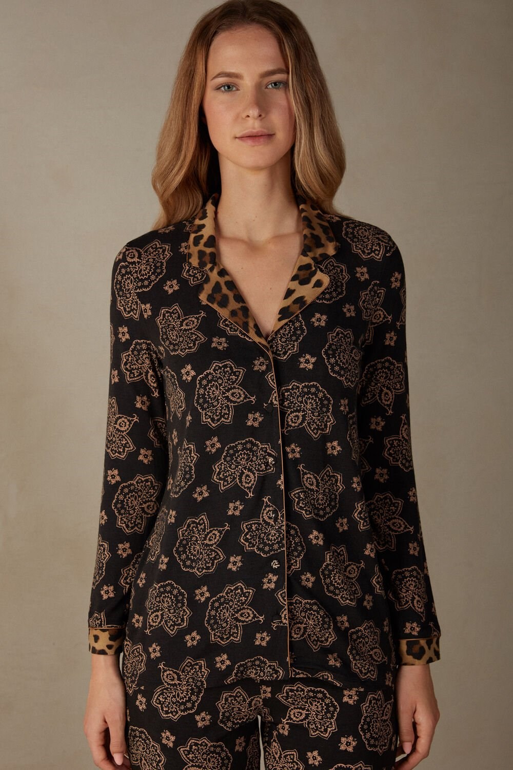 Intimissimi Lady Animalier Modal Shirt Print - 146j - Black Paisley / Animal Print | 4192IVARH