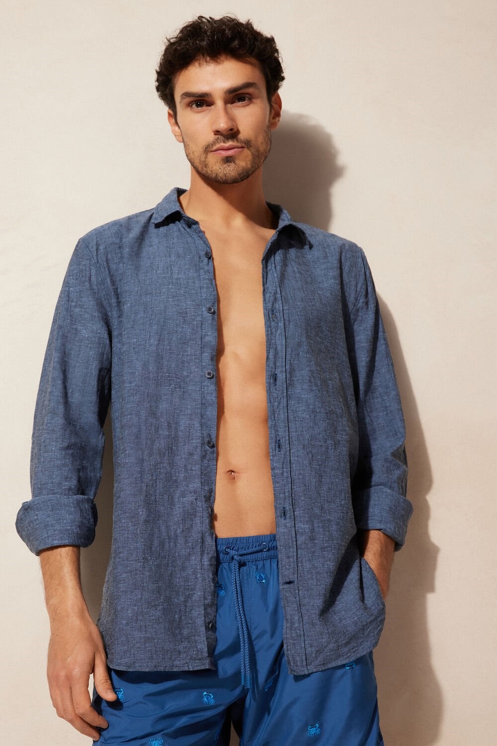 Intimissimi Linen and Cotton Shirt Blue - 288j - Petroleum Blue | 8091DJBET