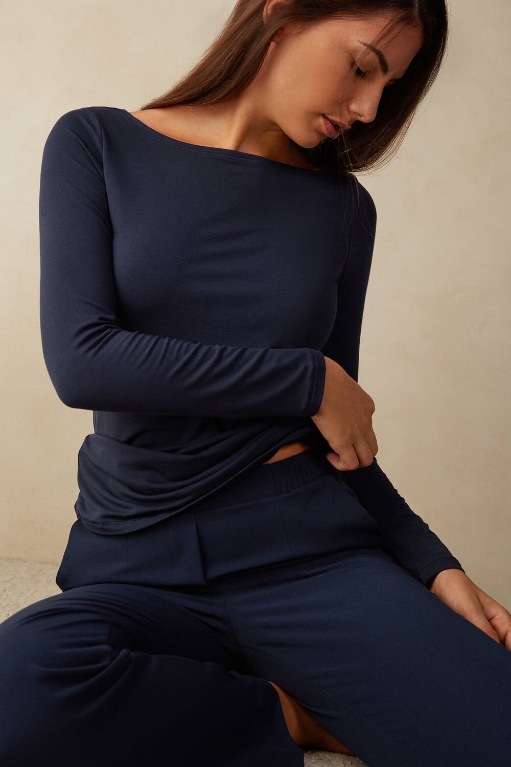 Intimissimi Long Sleeve Bateau Neck Top in Micromodal Blue - 1467 - Intense Blue | 9180ACLOI