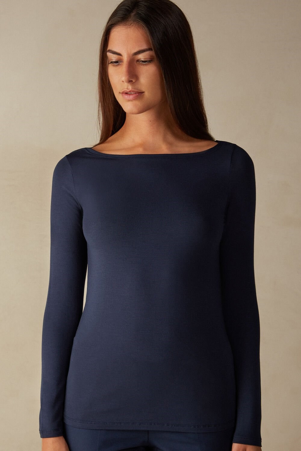 Intimissimi Long Sleeve Bateau Neck Top in Micromodal Blue - 1467 - Intense Blue | 9180ACLOI