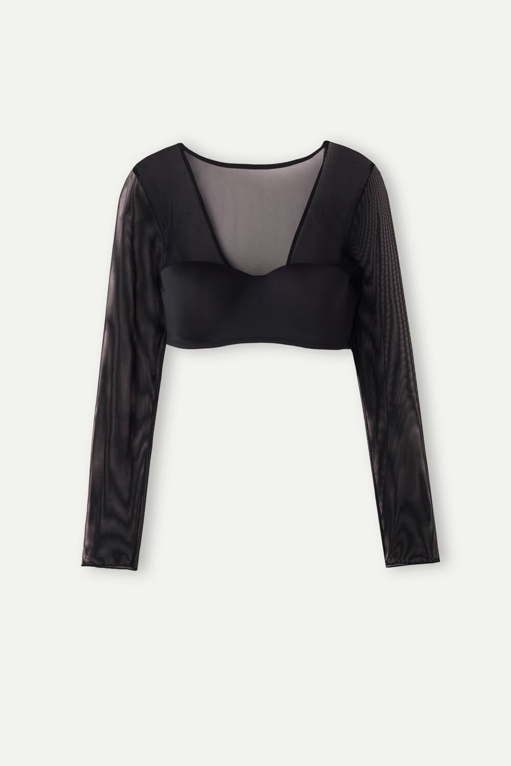 Intimissimi Long Sleeve Bra Top in Ultralight Microfiber and Tulle Black - 019 - Black | 7810EOJAL