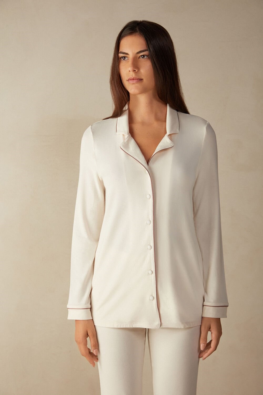 Intimissimi Long-Sleeve Micromodal Pajama Top Natural - 612i - Vanilla Ivory | 3564POTFL