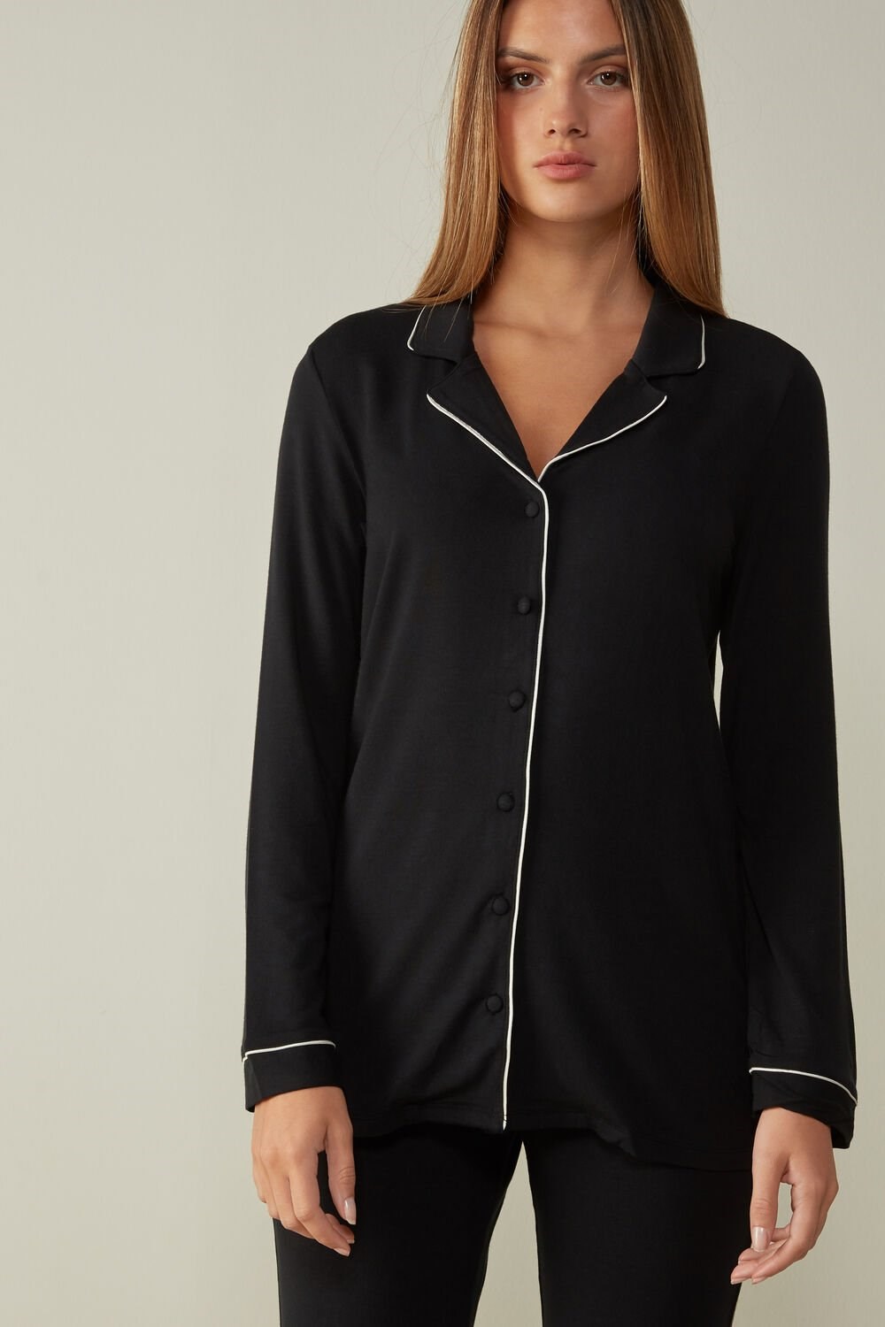 Intimissimi Long-Sleeve Micromodal Pajama Top Black - 019 - Black | 4325UXIKT