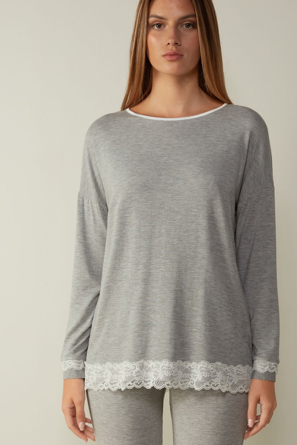 Intimissimi Long-Sleeve Round-Neck Modal Top Grey - 031 - Light Heathered Grey | 0893PRQGJ