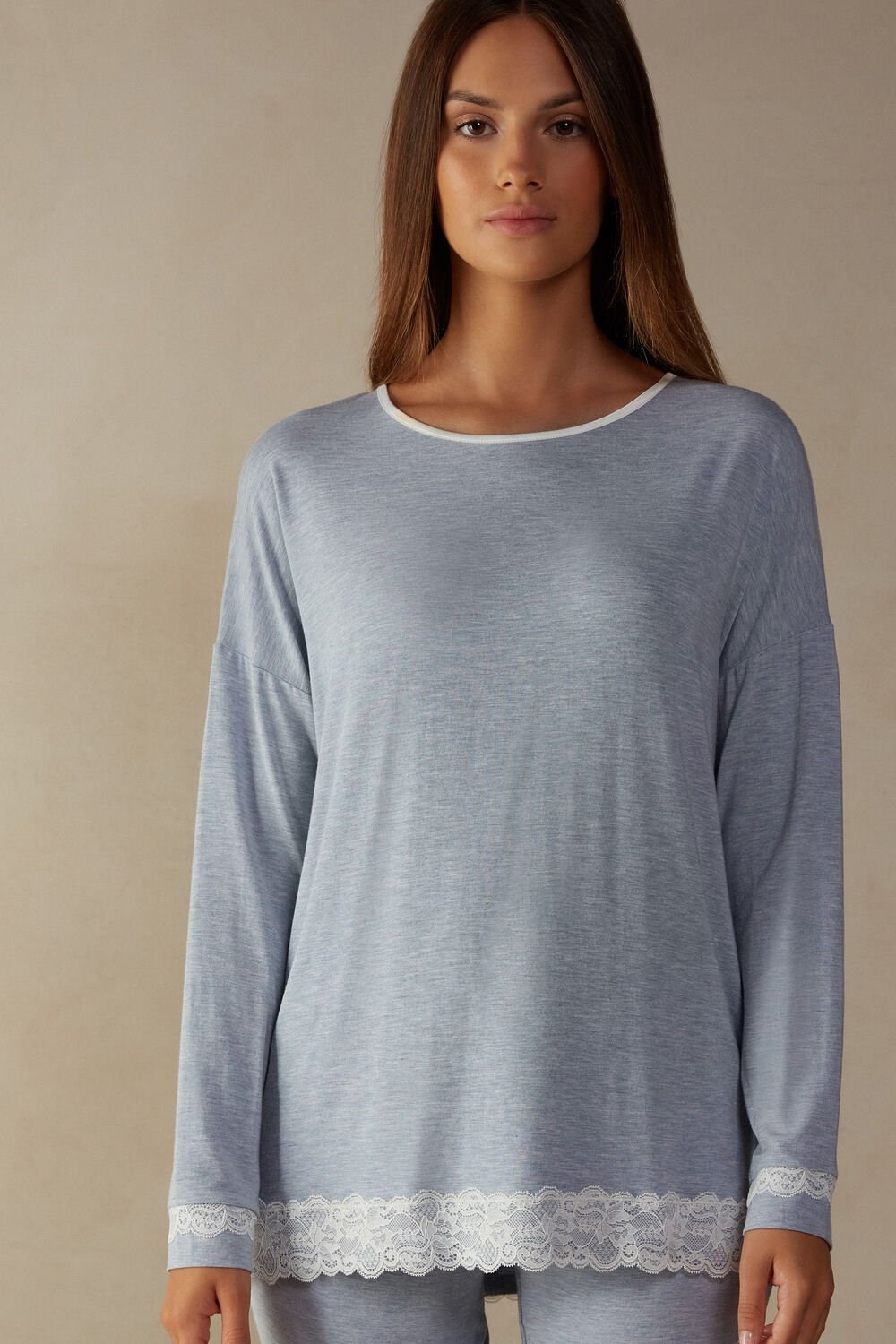 Intimissimi Long-Sleeve Round-Neck Modal Top Light Blue - 009j - Heathered Light Blue | 6042OSLKI