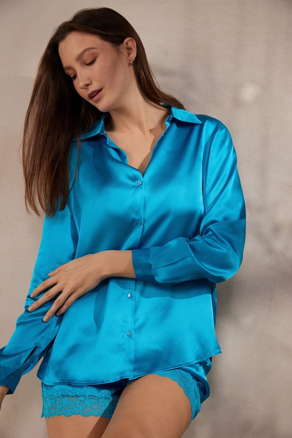 Intimissimi Long Sleeve Silk Shirt Blue - 210j - Digital Turquoise | 3615MHEFN