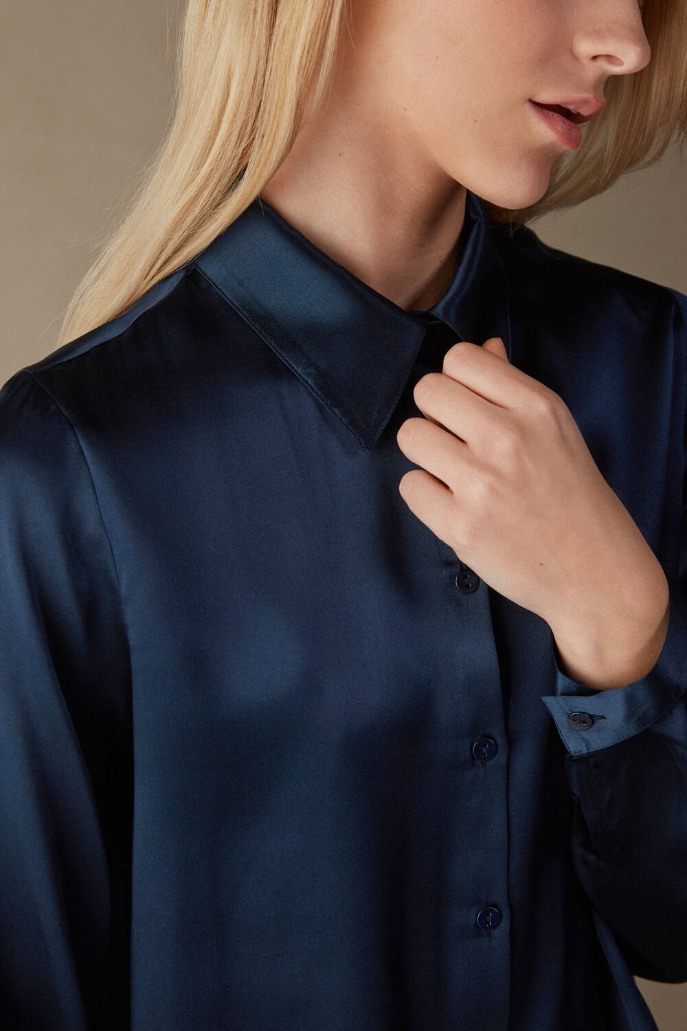 Intimissimi Long Sleeve Silk Shirt Blue - 1467 - Intense Blue | 9310IHXQJ