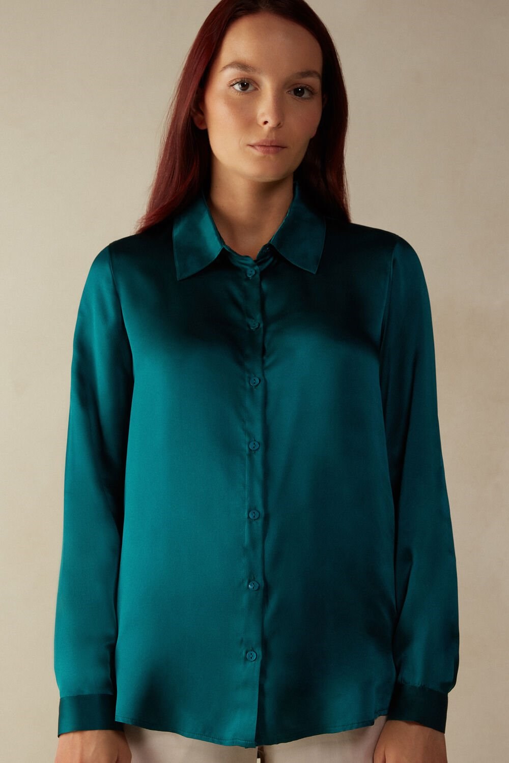 Intimissimi Long Sleeve Silk Shirt Green - 4572 - Evergreen | 2593CPYIF