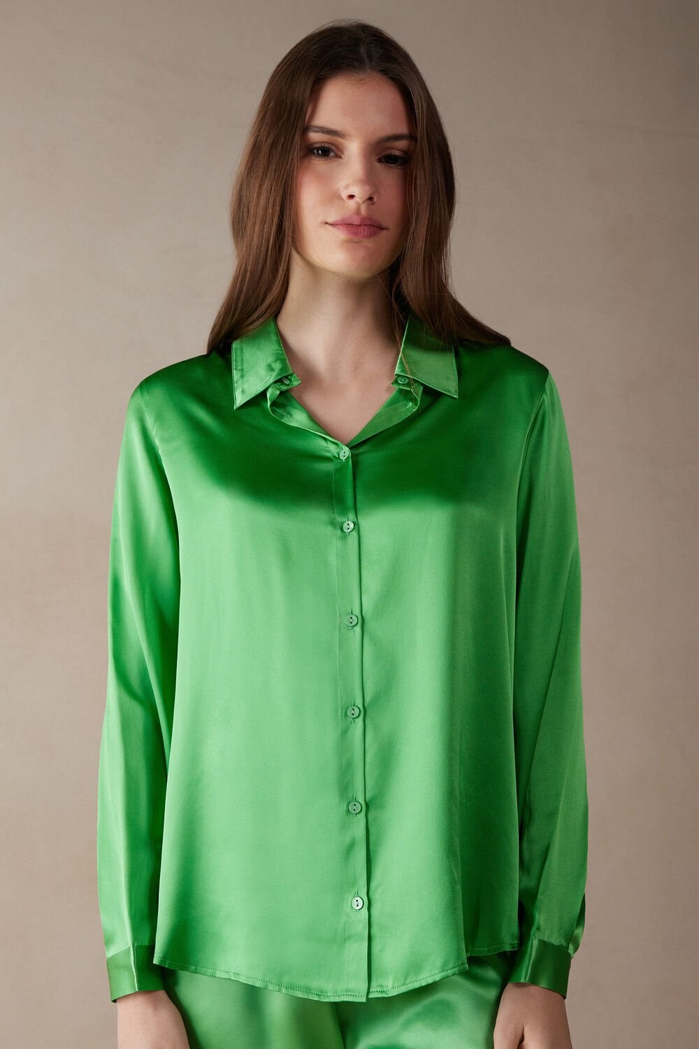 Intimissimi Long Sleeve Silk Shirt Green - 218j - Apple Mint | 3715CAUHS