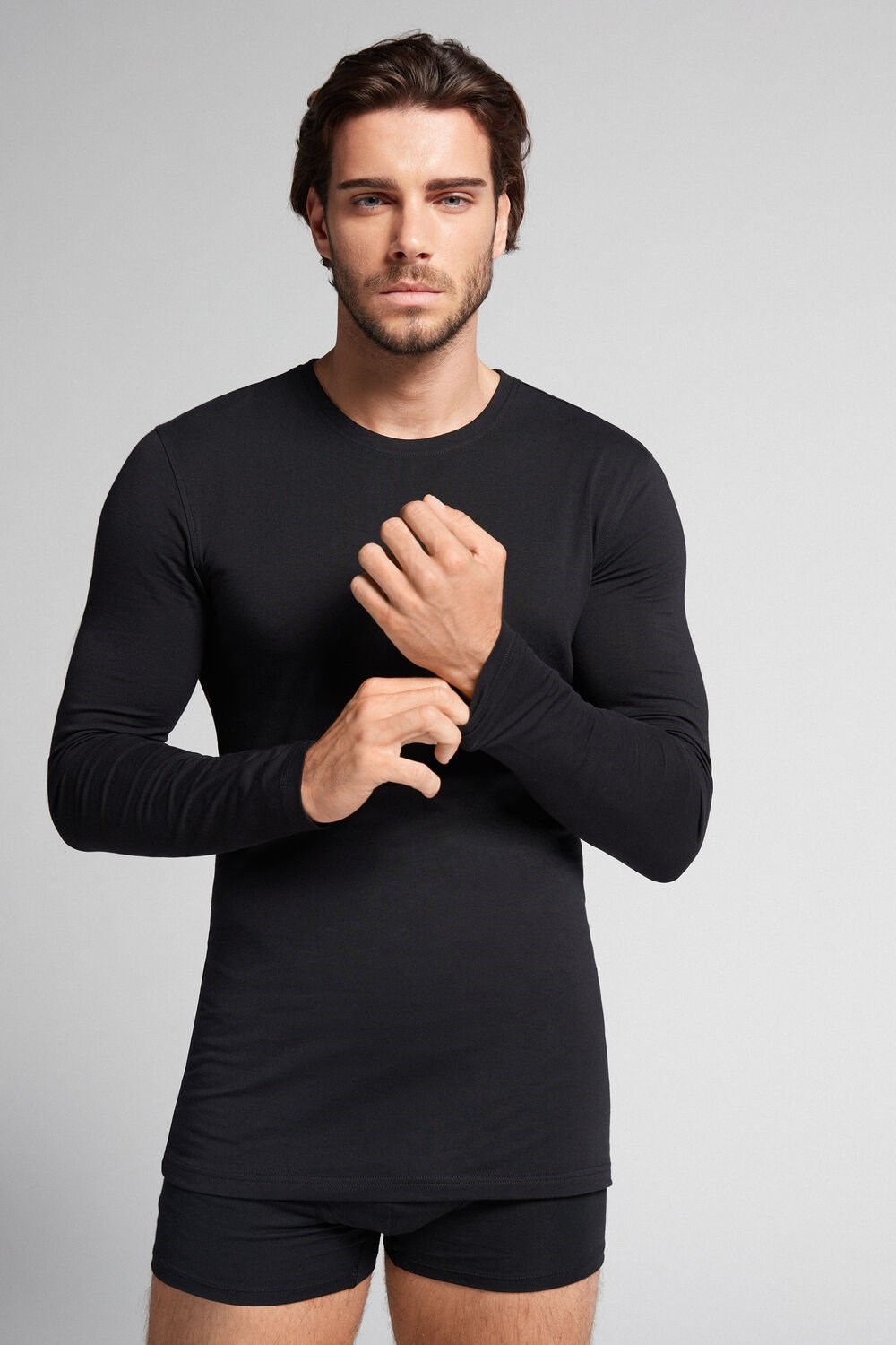 Intimissimi Long-Sleeve Stretch Supima Cotton Top Black - 019 - Black | 2489IKEDX