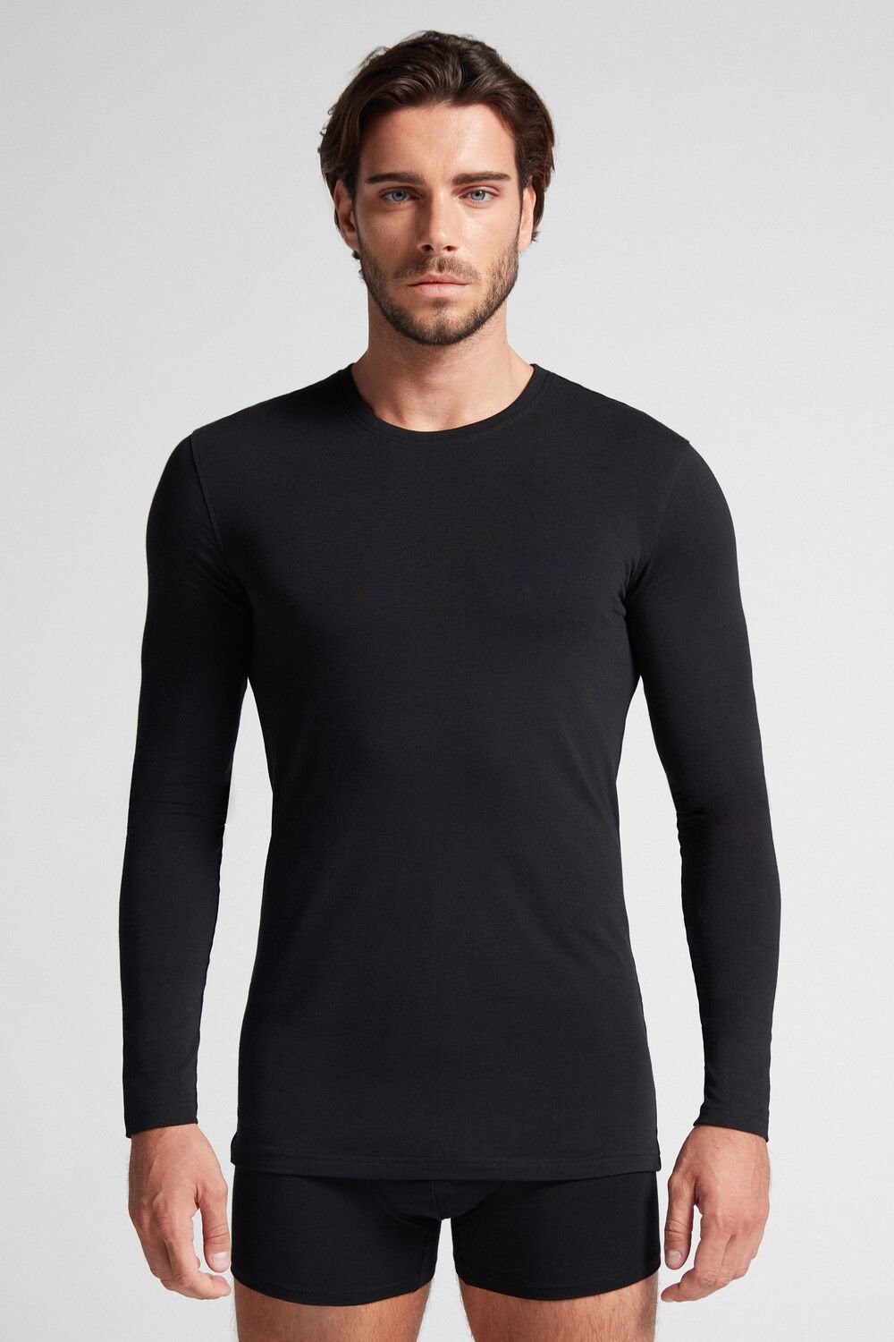 Intimissimi Long-Sleeve Stretch Supima Cotton Top Black - 019 - Black | 2489IKEDX