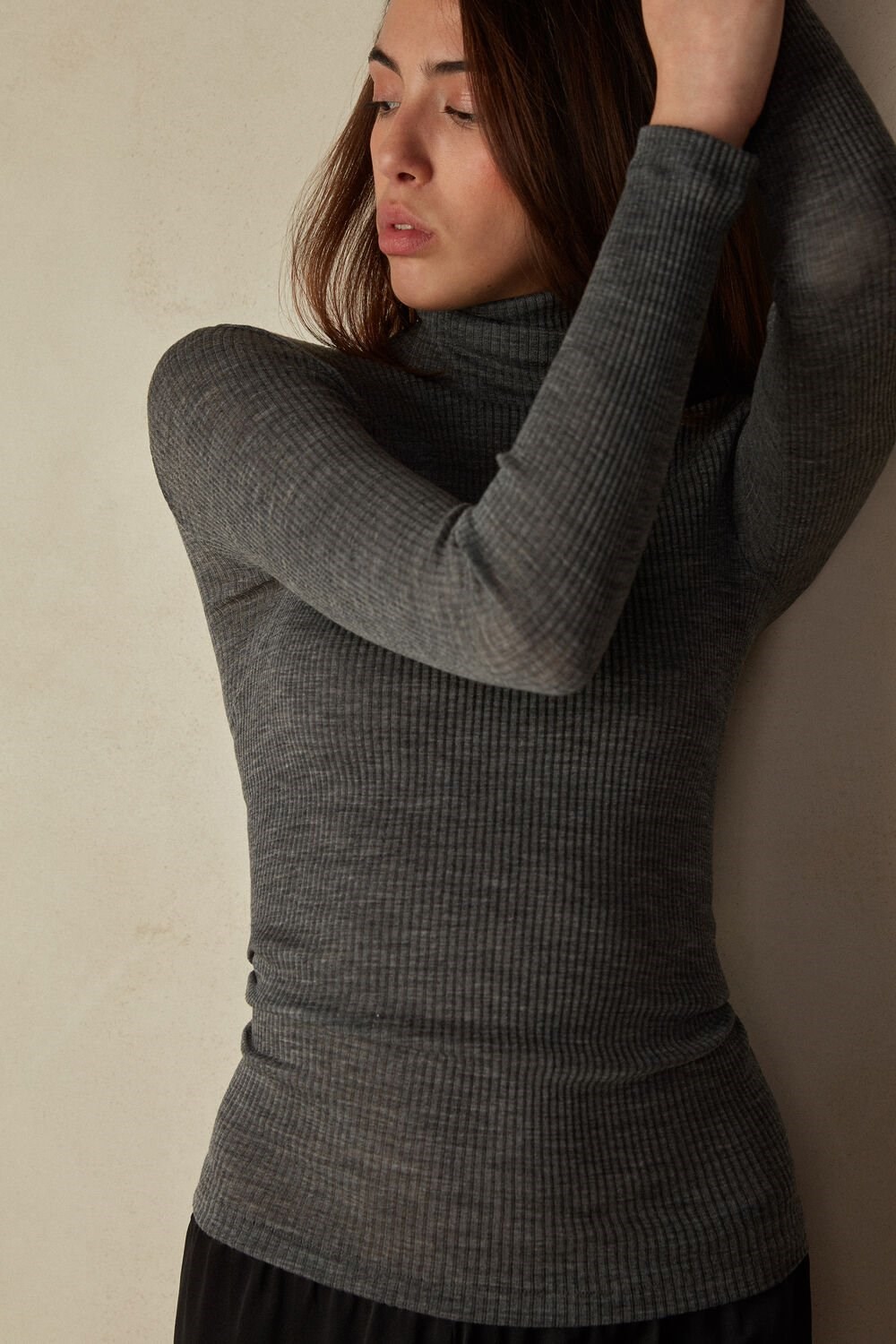 Intimissimi Long-sleeve High-Neck Tubular Top in Wool and Silk Grey - 7481 - Aluminium Grey Blend | 9613ULYQK