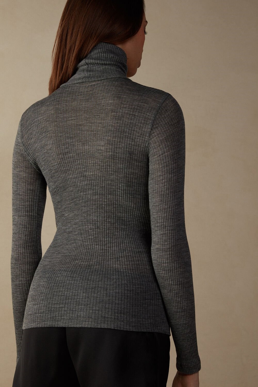 Intimissimi Long-sleeve High-Neck Tubular Top in Wool and Silk Grey - 7481 - Aluminium Grey Blend | 9613ULYQK