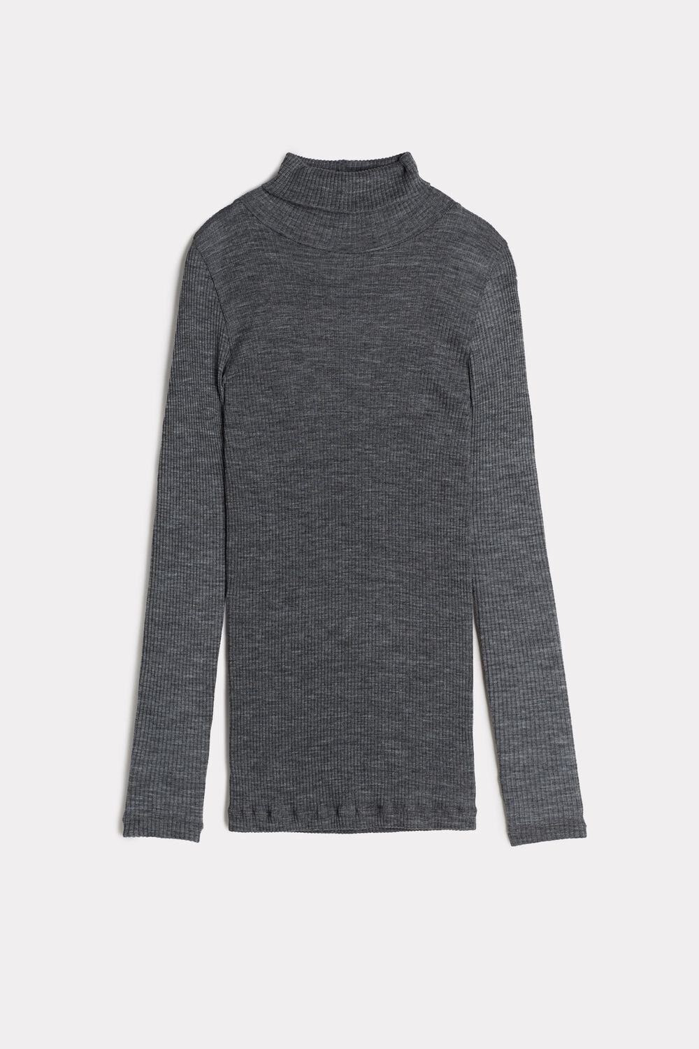 Intimissimi Long-sleeve High-Neck Tubular Top in Wool and Silk Grey - 7481 - Aluminium Grey Blend | 9613ULYQK