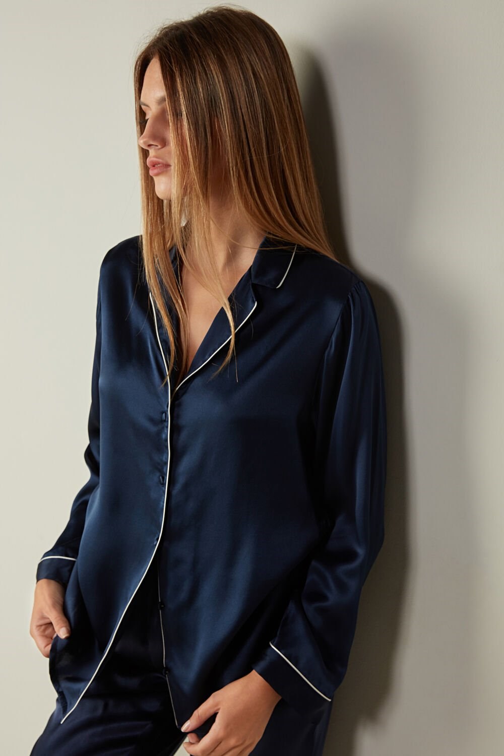 Intimissimi Mannish-Cut Jacket in Silk Satin Blue - 3094 - Ink Blue | 6312FWQEO