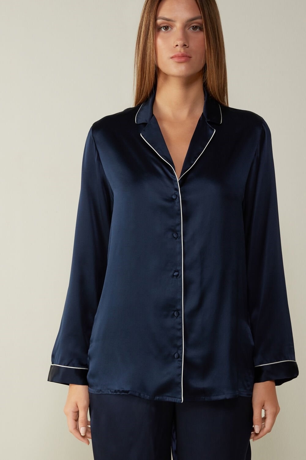 Intimissimi Mannish-Cut Jacket in Silk Satin Blue - 3094 - Ink Blue | 6312FWQEO