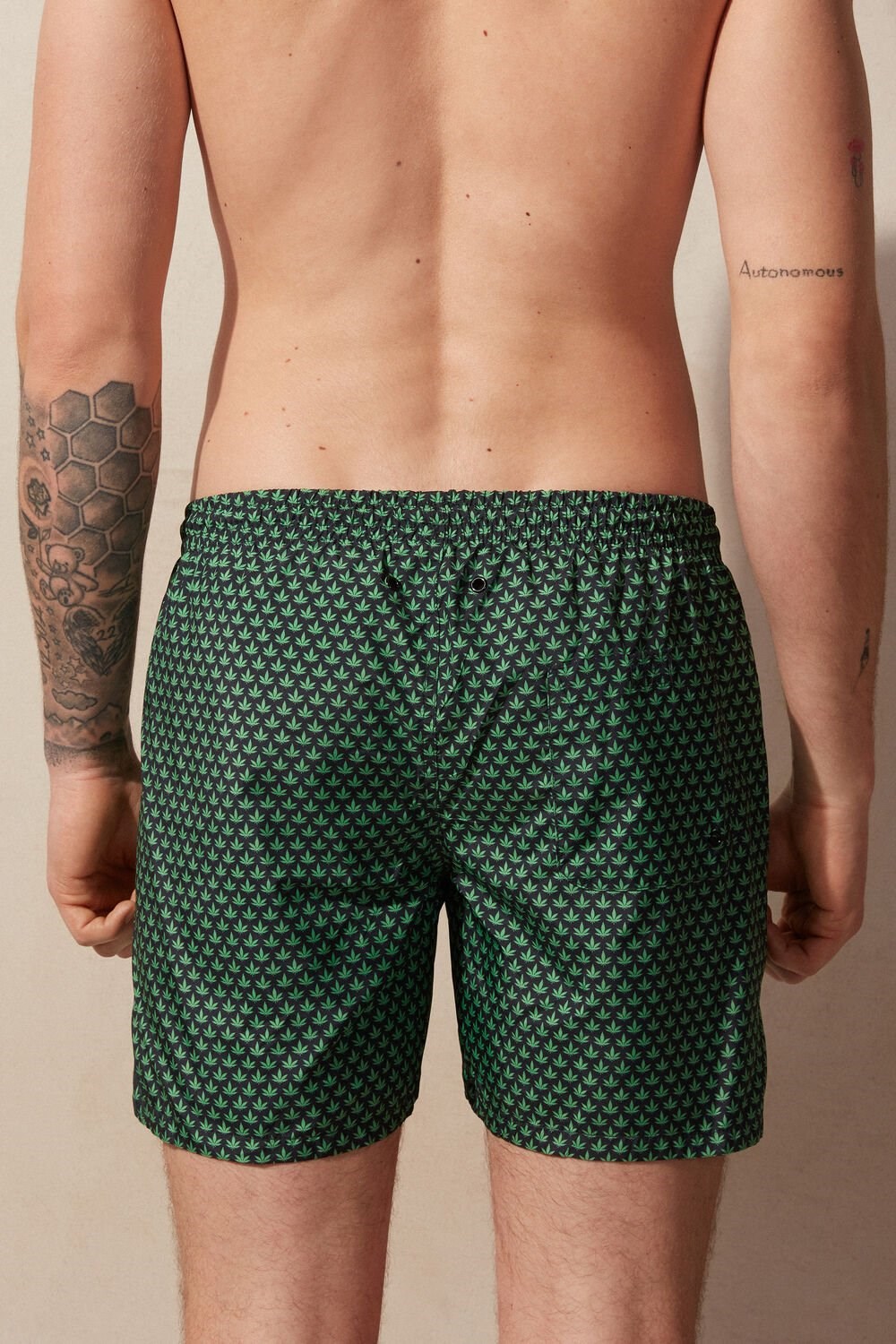 Intimissimi Micro Leaf Print Swim Trunks Green - 270j - Black Hemp Microprint | 6243JFPEL