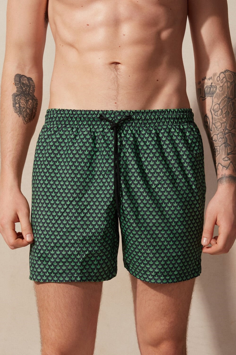 Intimissimi Micro Leaf Print Swim Trunks Green - 270j - Black Hemp Microprint | 6243JFPEL