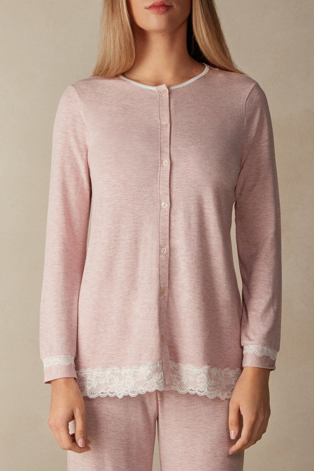 Intimissimi Modal and Lace Cardigan Pale Pink - 008j - Heathered Light Pink | 0948PFCYK