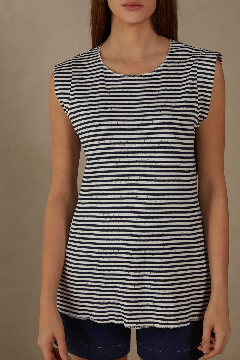 Intimissimi My Comfort Zone Sleeveless Top in Perforated Cotton Stripes - 900i - Ecru Beige / Blue | 4810CQWAR