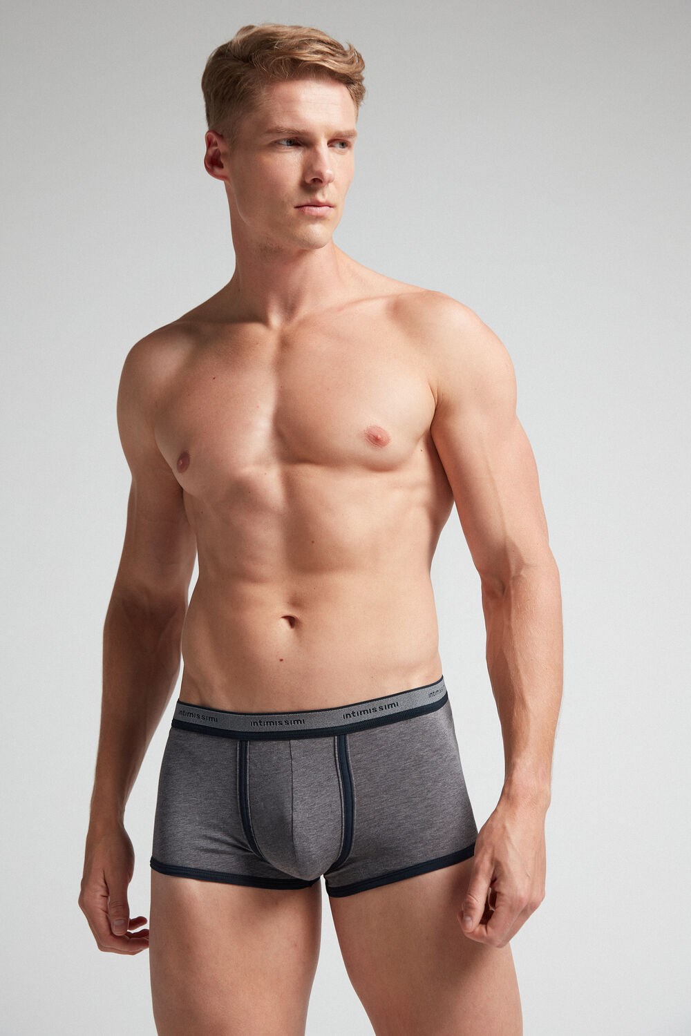 Intimissimi Natural Fresh Supima® Cotton Boxers with Logo Dark Grey - 080i - Heathered Graphite Grey / Blue | 3508KZWLH