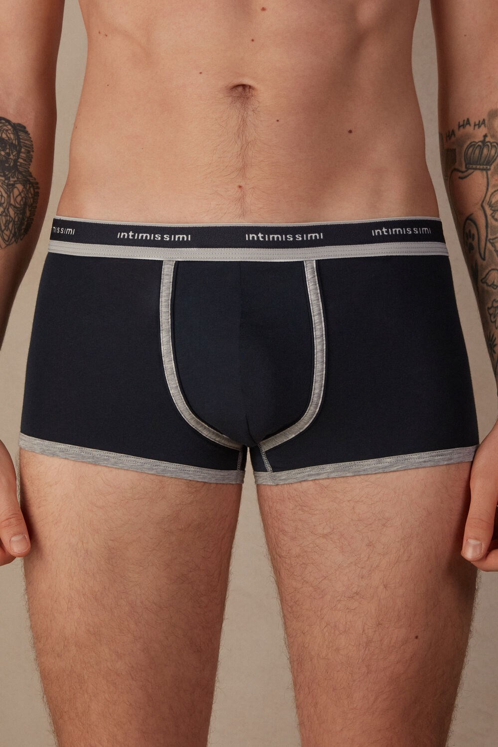 Intimissimi Natural Fresh Supima® Cotton Boxers with Logo Blue - 320j - Midnight Blue / Light Heather Grey | 6839QXPNY