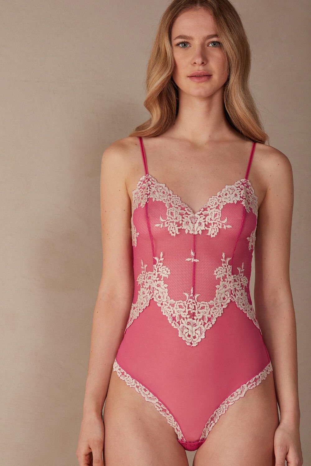 Intimissimi Pretty Flowers Tulle and Lace Bodysuit Pink - 213j - Valentine Pink / Ivory | 0291TIGRO