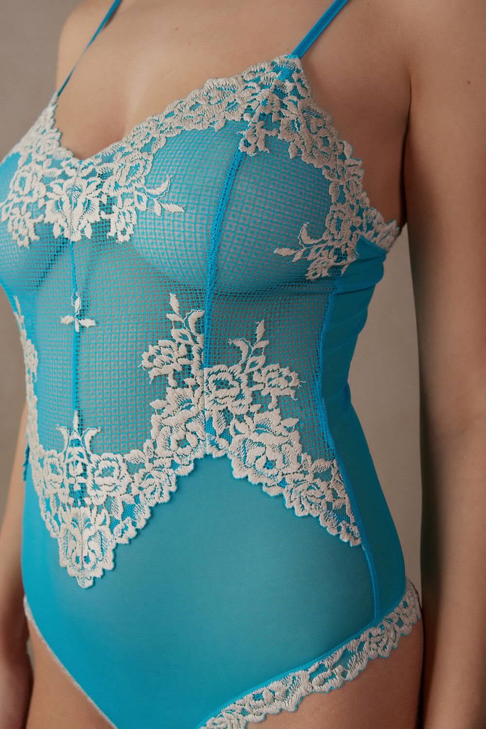 Intimissimi Pretty Flowers Tulle and Lace Bodysuit Blue - 233j - Digital Turquoise / Ivory | 6847ANFDG