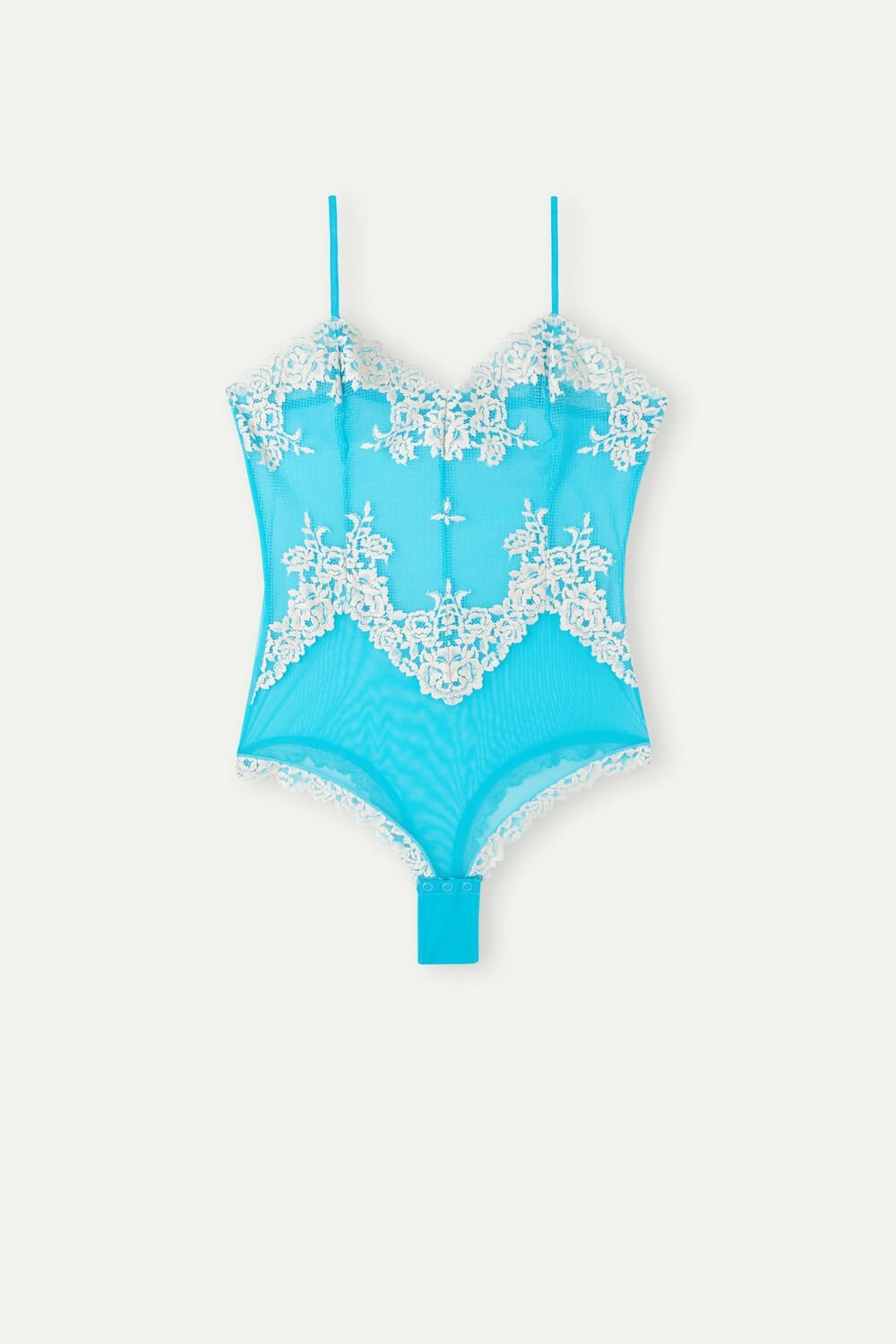 Intimissimi Pretty Flowers Tulle and Lace Bodysuit Blue - 233j - Digital Turquoise / Ivory | 6847ANFDG