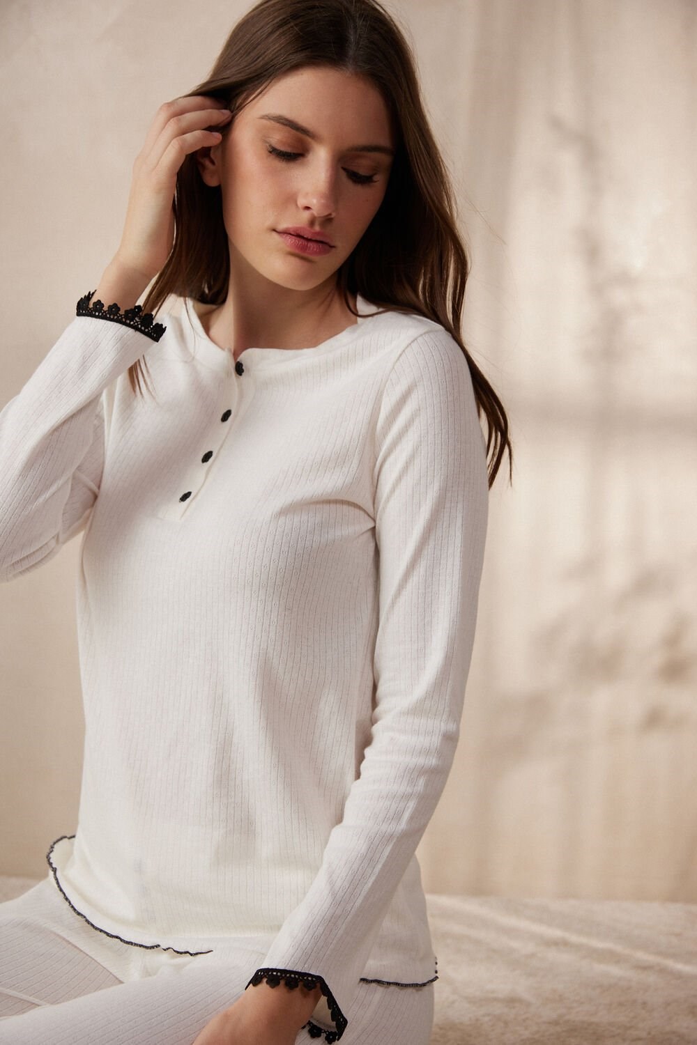 Intimissimi Pure Joy Long Sleeve Henley Top Ivory - 2127 - Talc White | 3490KFRZH